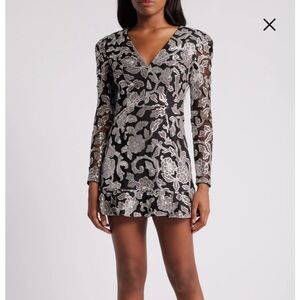 Dress the Population Black and Silver Floral Long Sleeve Dress